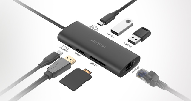 DST-80C A4Tech 8-IN-1 Docking Station Ash Grey (HDMI*1+USB2.0*1+USB3.0*1+SD*1+TF*1+USB-C*1+LAN*1+USB-C PD100W)