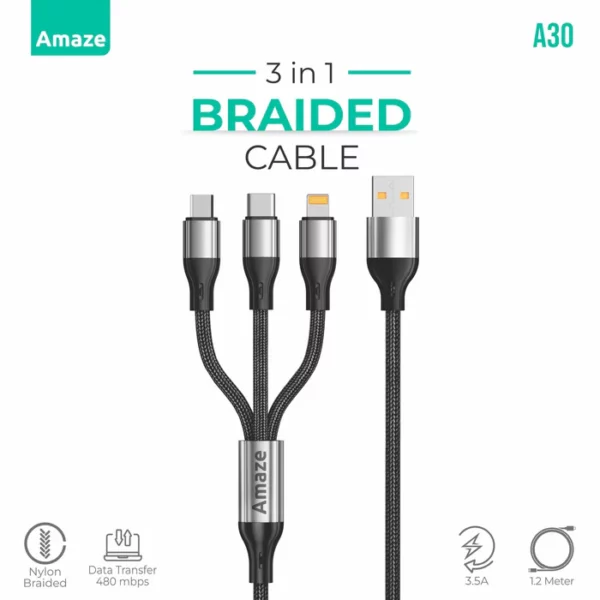 USB TO 3-IN-1 BRAIDED CABLE 3.5A 1.2M