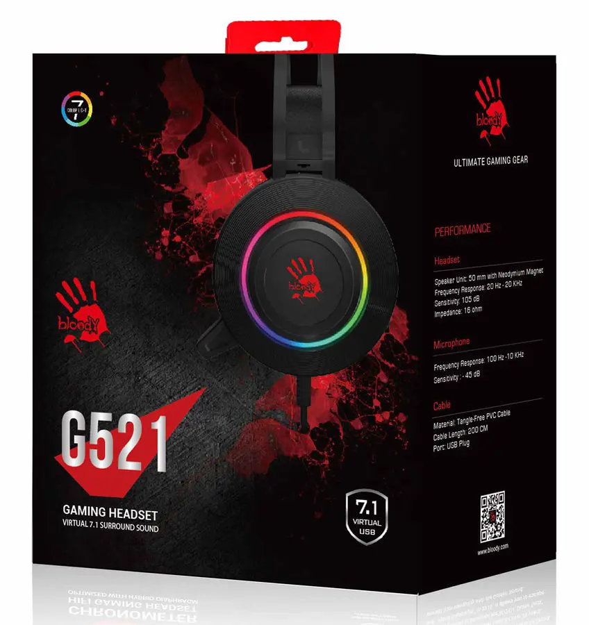 G521 (Black) Bloody Virtual 7.1 Surround Sound Gaming Headset USB Black