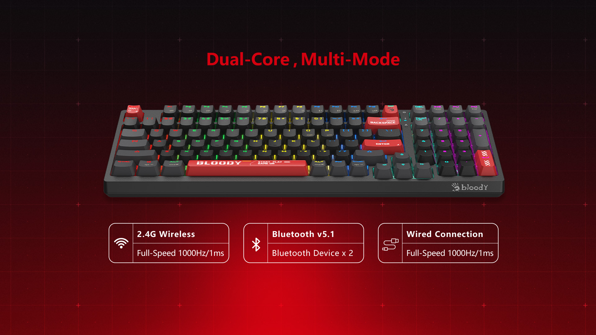 WS98 (Bloody Red) Bloody RGB Wireless BLMS Mechanical Keyboard BLMS Red Switch, USB Bloody Red, US Layout