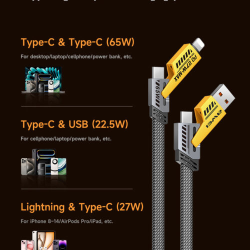 AWEI CL-226 65W 1M Type-C+USB to Lightning+Type-C 4 in1 Fast-Charging Data Cable Black